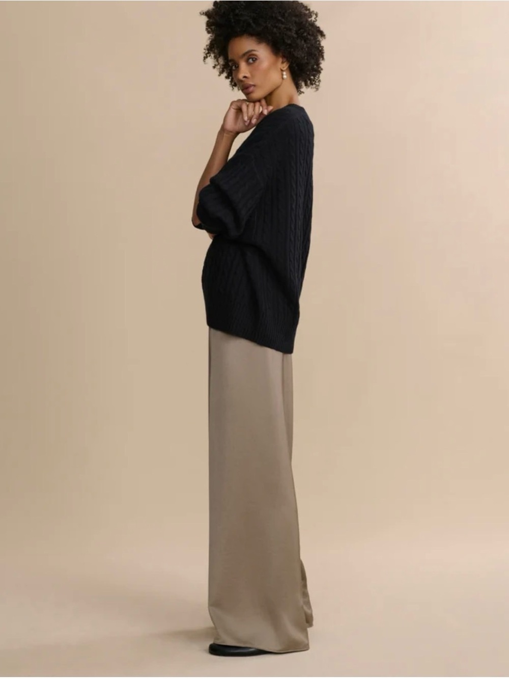Jenni Kayne Black Knit Sweater with Taupe Satin Wide-Leg Pants
